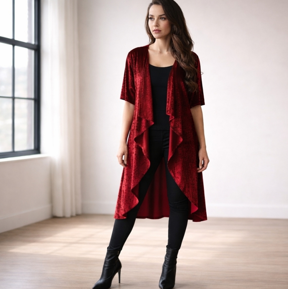 NWOT LuLaRoe Elegant Gold Label Shirley Cranberry Red Velvet Kimono / Duster
